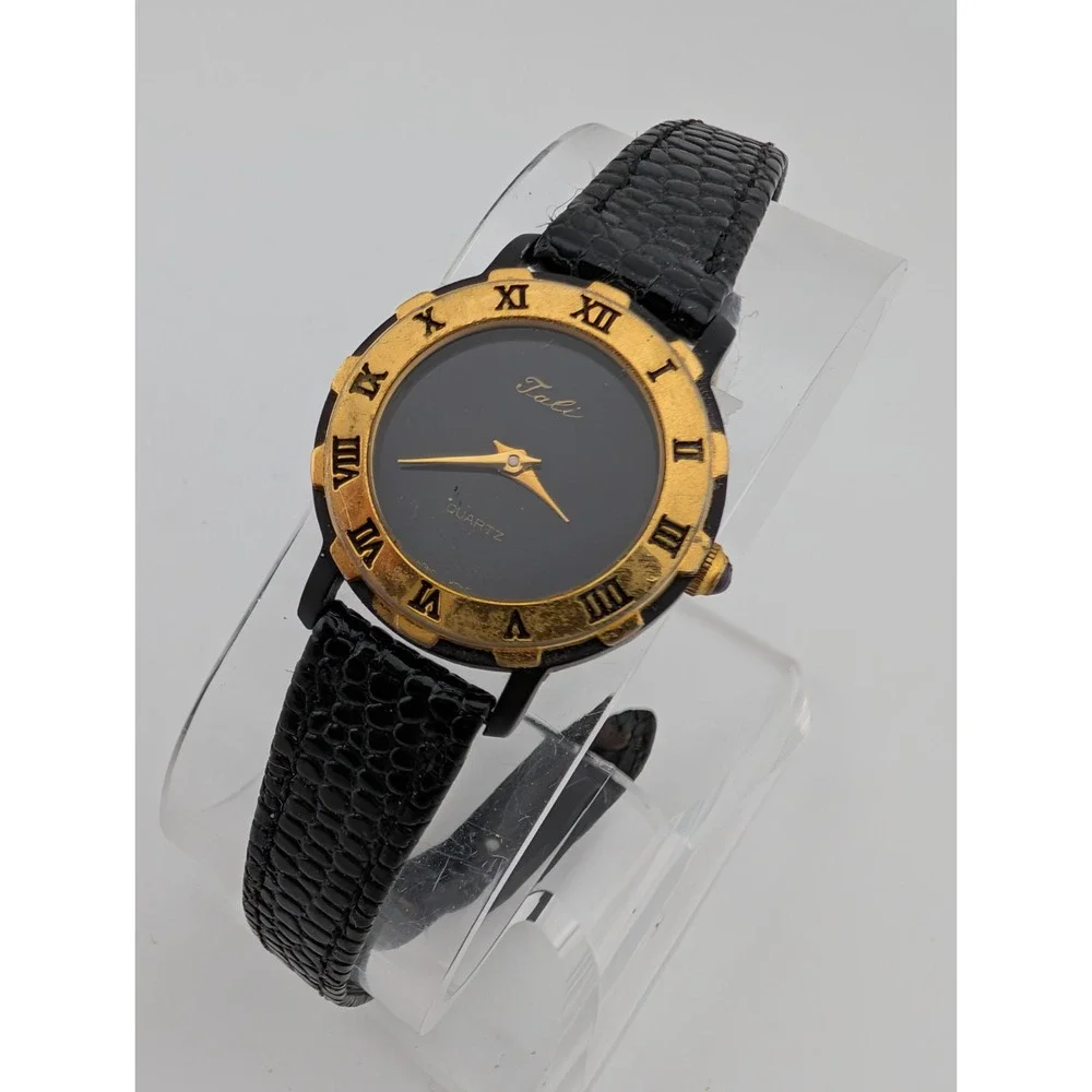 Vintage Tali Watch Women 25mm Case‎ Black Leather Band- New Battery